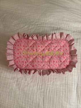 Strawberry Milk Mob Makeup Pouch Bag Pink Quilted Ruffled Pouch